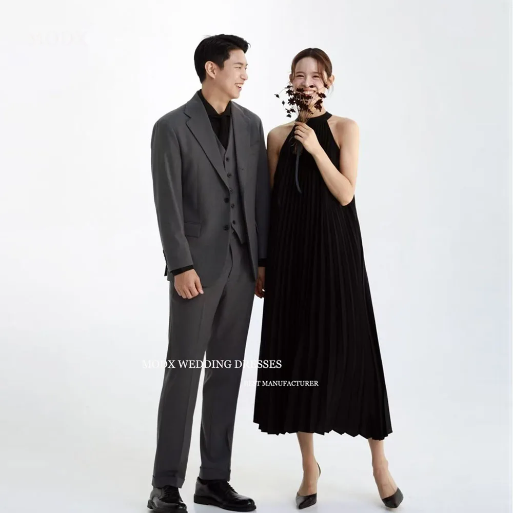 

MODX Simple Black Taffeta Evening Dress High Neck Off Shoulder Korean Photography Wedding Photo Formal Party Dress Customized