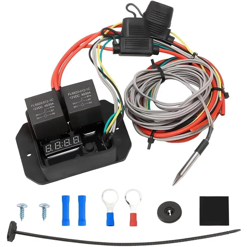 A33K-Adjustable Electric Cooling Fan Universal Radiator Fan Controller Switch 12V Thermostatic Relay Kit 1Set As Picture