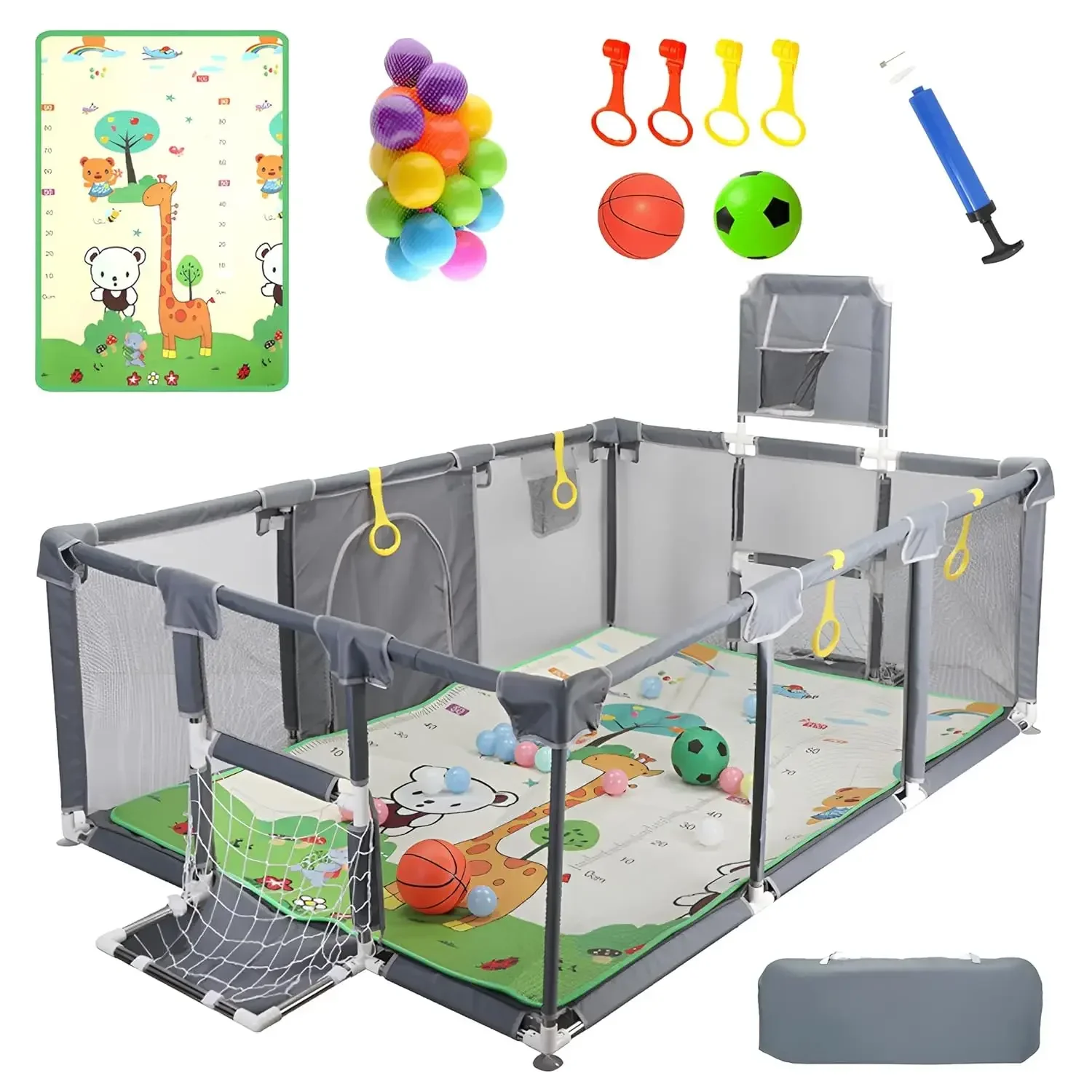 Upgraded Playpen with Enhanced Thick Foldable Mat, Balls, 4 Rings, Storage Bag, Basketball Hoop & Soccer Nets - Play Yard - Spor