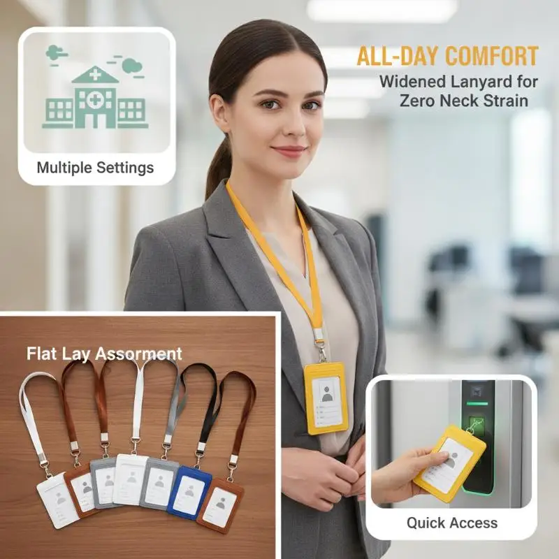 PU Leather ID Badge Card Holder With Neck Lanyard Vertical Horizontal Work Name Tag Sleeve For Office Employee School