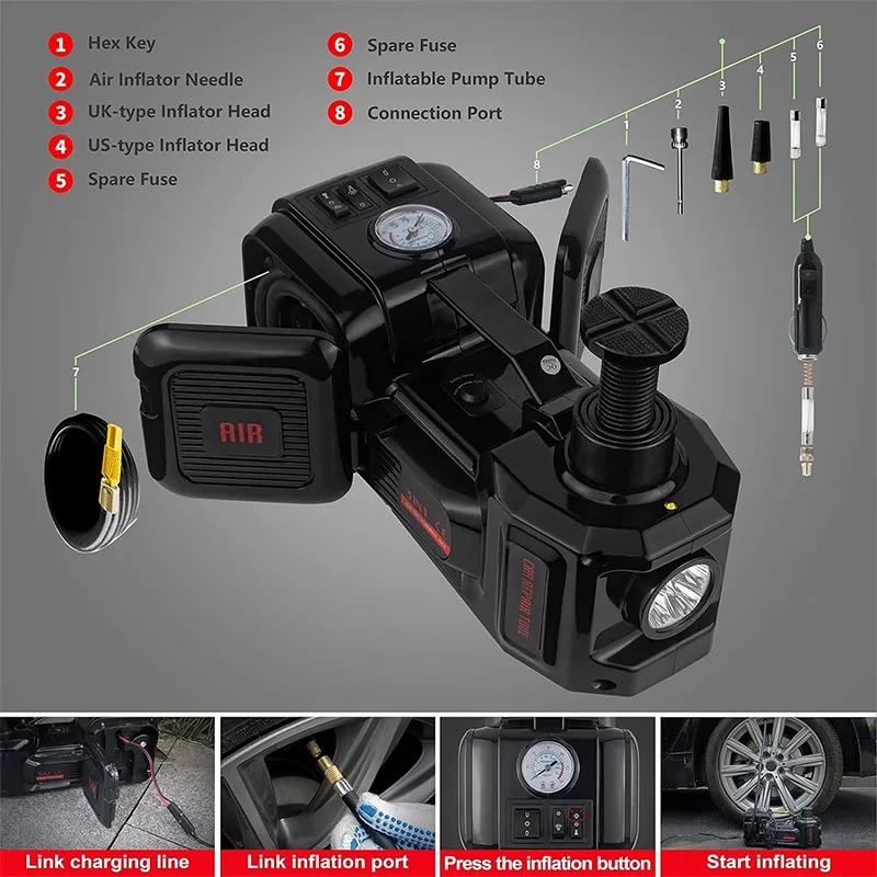 3 in 1 Electric Hydraulic Car Jack Kit 12V 5Ton Electric Jack With Impact Wrench Tire Inflator Repair Lift Tool