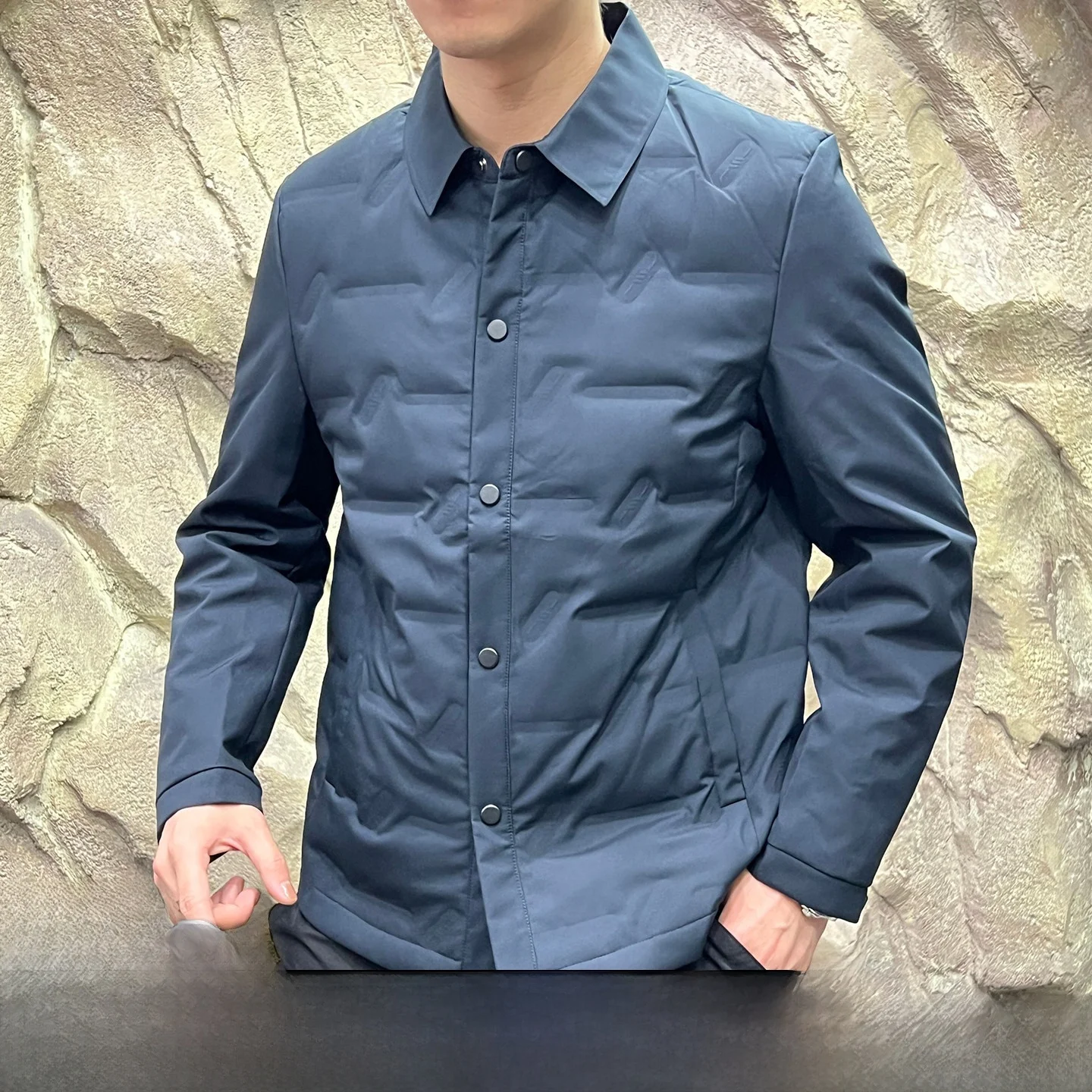 

Warm Du down Parka Men's Collar Stand up Thermal Polyester Fiber Filling White Du down Adstrative System Indoor Wear