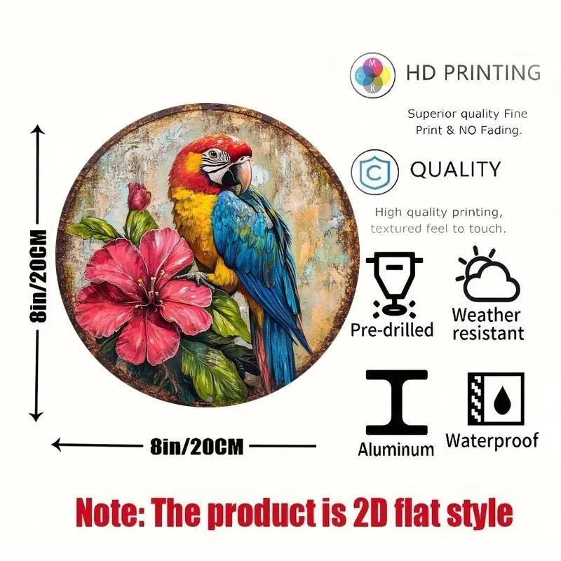 Parrot and Floral Round Metal Wall Art, Aluminum Decorative Sign for Home, Office, Bar, and Party Decor, Easy Installation