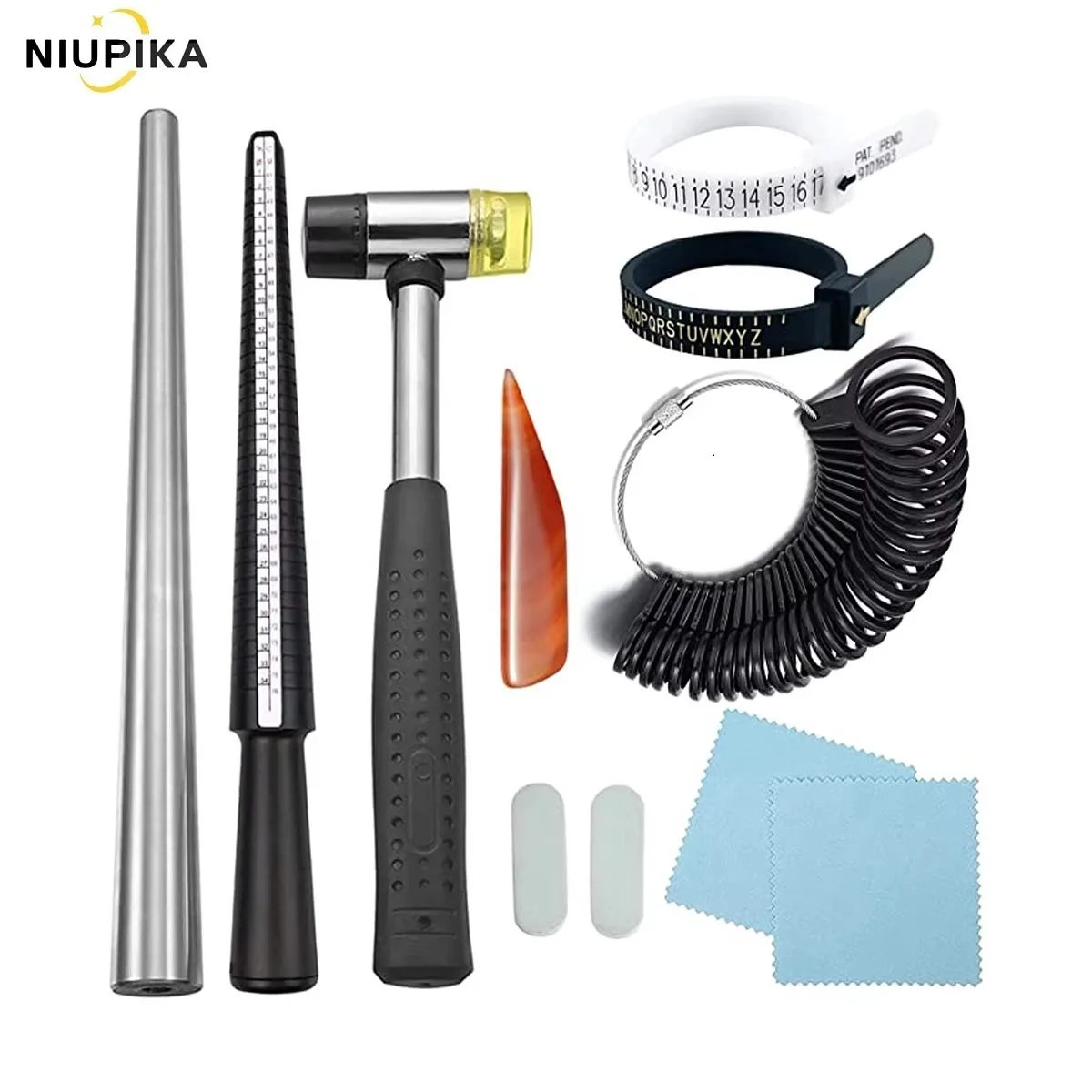 

NIUPIKA 11 Pieces Of US/UK Mandrel Set Metal Ring Stick Adjuster Finger Gauge Jewelry Sizer Ring Measuring Polishing Tools Kit