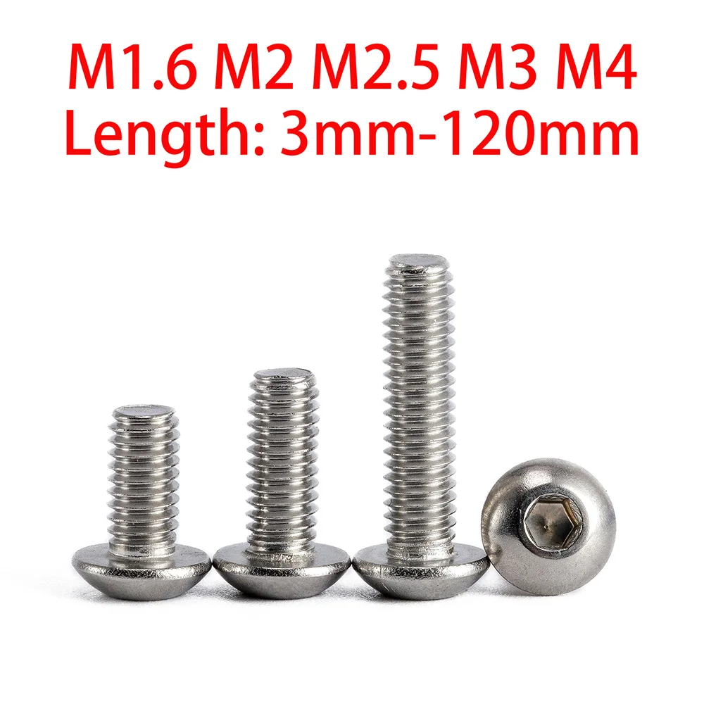 M1.6 M2 M2.5 M3 M4 Furniture Button Head Hex Screw 3mm-120mm 304 Stainless Steel Hex Hexagon Socket Round Pan Head Screws Bolts