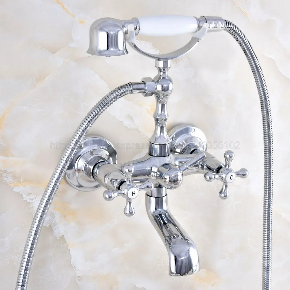 

Polished Chrome Dual Cross Handles Bathtub Shower Faucet Wall Mount Bathroom Tub Faucet with Handheld Sprayer ztf863