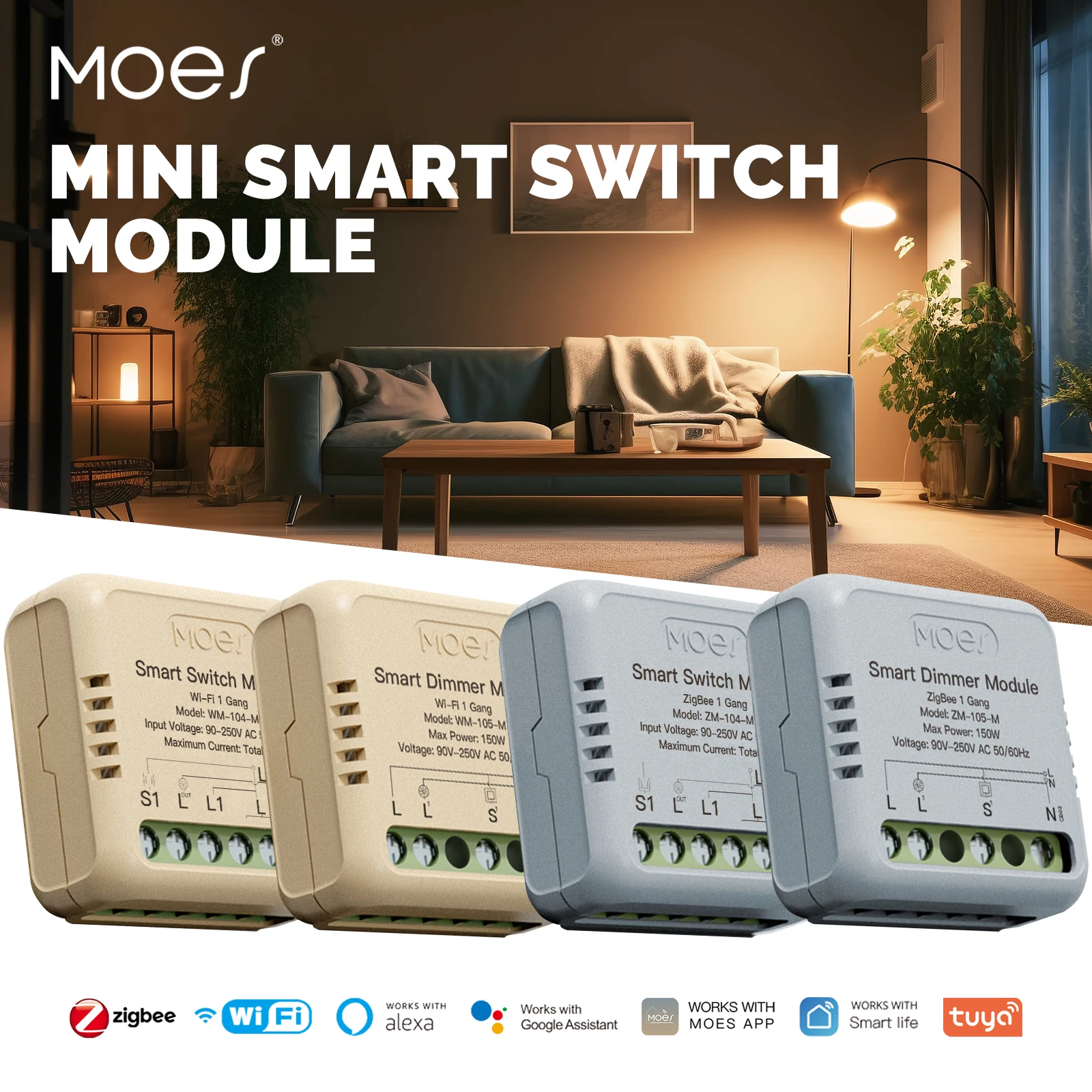 MOES Mini Tuya WiFi/Zigbee Smart Switch DIY Module Light Switch 1/2 Gang Remote Control Work Alexa Google Home