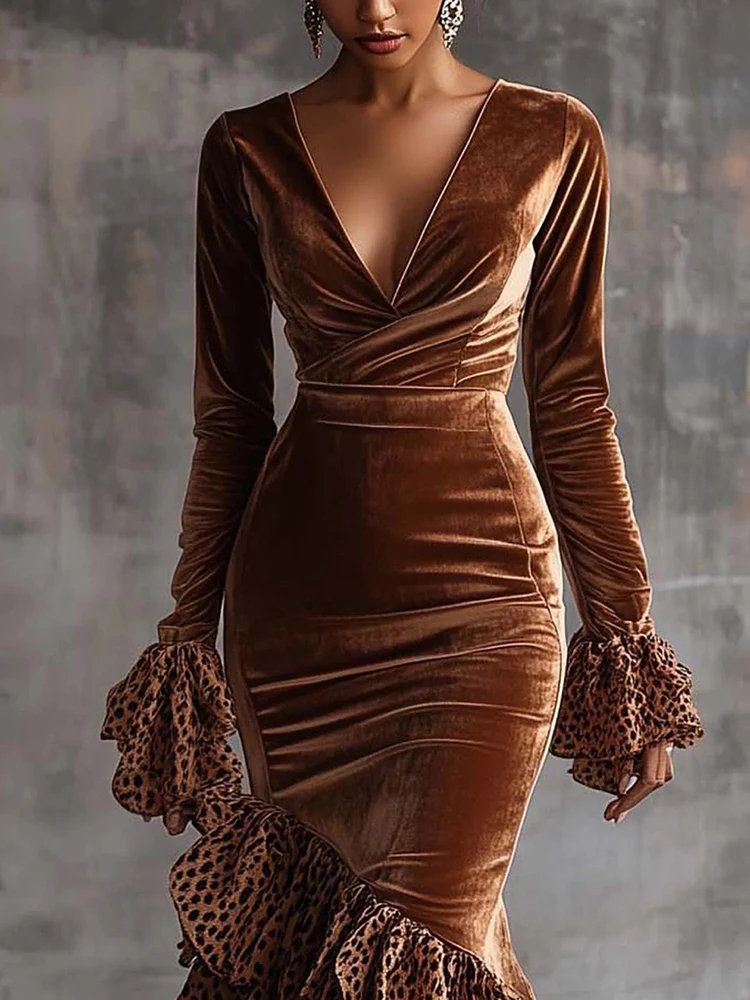 

Elegant Ruffle Leopard Printed Women's Evening Dress Sexy Deep V-Neck Flare Sleeve High Waist Bodycon Party Fishtail Midi Dress
