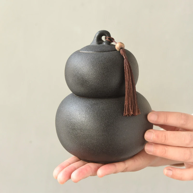 Ceramic gourd tea jar, rough pottery retro small tea jar, box, ordinary  packaging box,  set storage jar