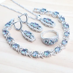 Bridal 925 Silver Jewelry Sets Magic Natural Rainbow Zircon Jewery Women Earrings Rings Pendant Bracelets Necklace Wedding Set