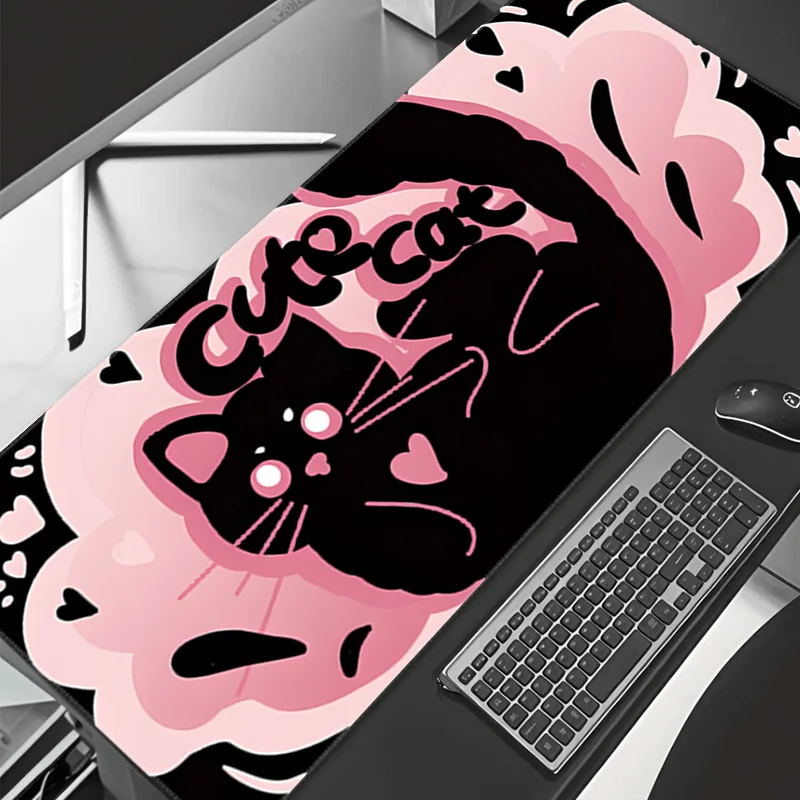 

Cute Black Cat with Pink Heart Large Gaming Black Mouse Pad, Keyboard Laptop Office Non-slip Desk Mat, Large Decorative Mat