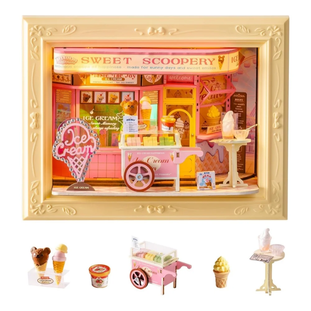 

Rolife DIY Miniature House Kit Sweet Scoopery Ice Cream Creative Frame 3D Wall-Mountable Dollhouse Holiday Home Decor Craft