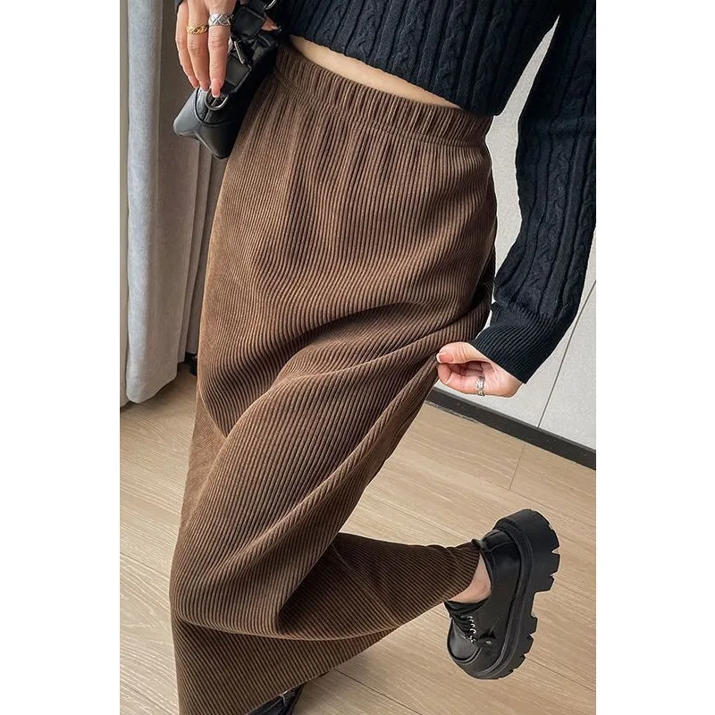 Women Korean High Waist Corduroy Midi Skirt Autumn Winter Slim Split Hem Velvet Wrap Hip Skirt Coffee Color