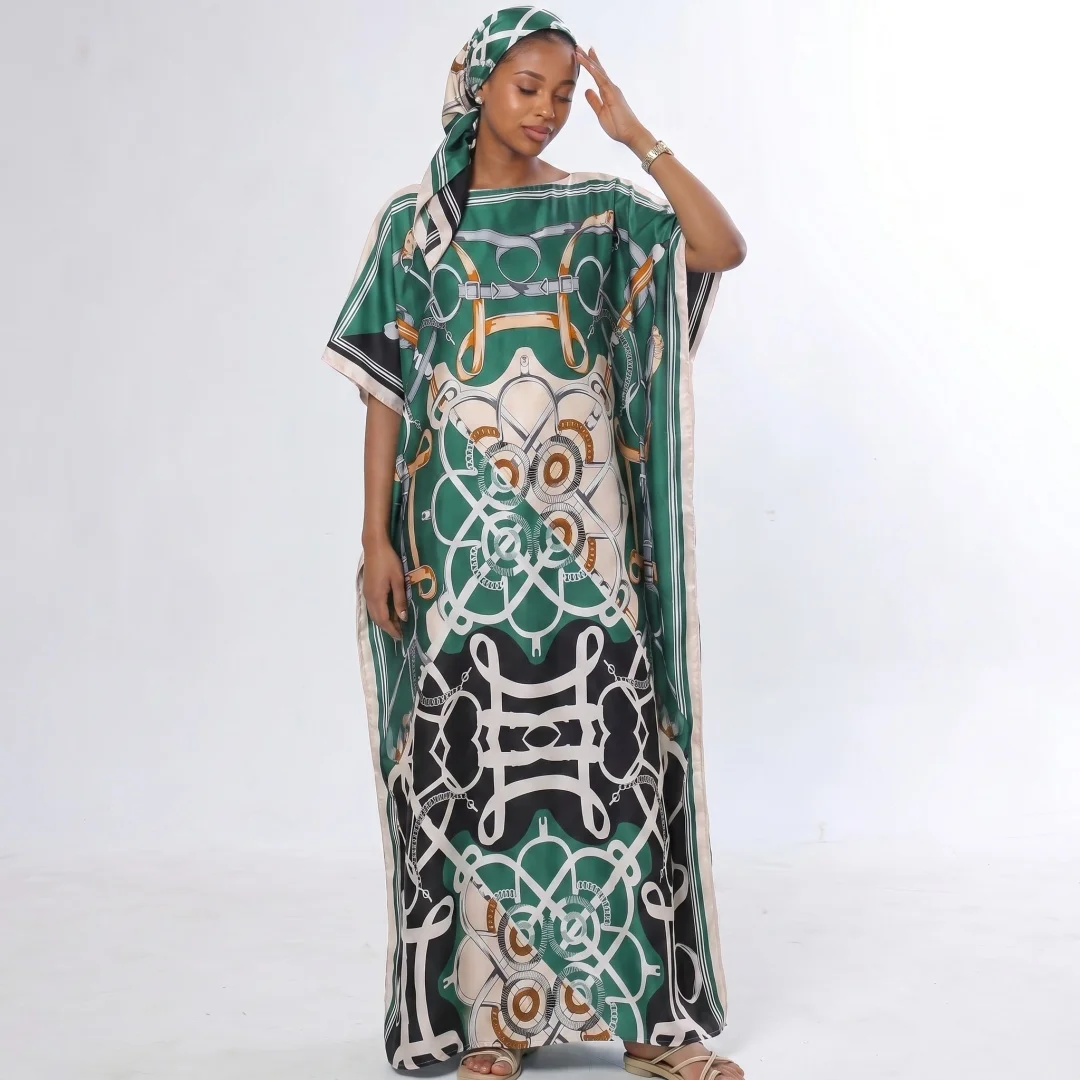 Saudi Arabic Style Printed Abaya Two Piece Set Grey Tie Dye Ginkgo Leaf Short Sleeve Long Maxi Robe Festival Matching Hijab