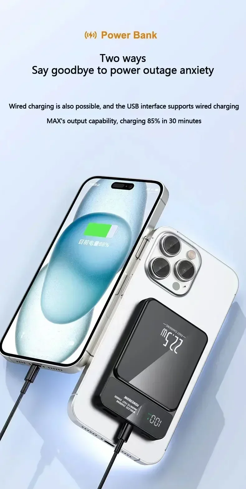 ワイヤレス磁気バッテリーqi,超高速充電パワーバンク,iphone 15, 14, 13,samsung,huawei,xiaomi,50000mah,22.5w