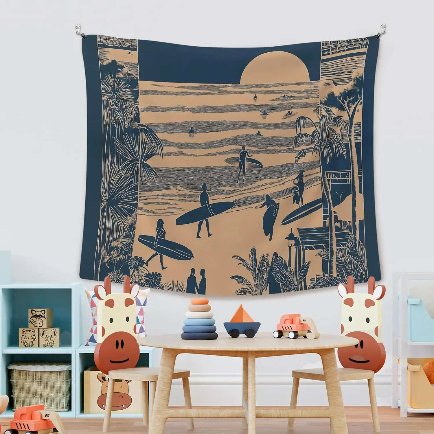 Retro Surfing Summer Ocean Wall Tapestry Hanging for Bedroom Beach House, Beachy Ocean Tapestries Wall Decor Art for Dorm