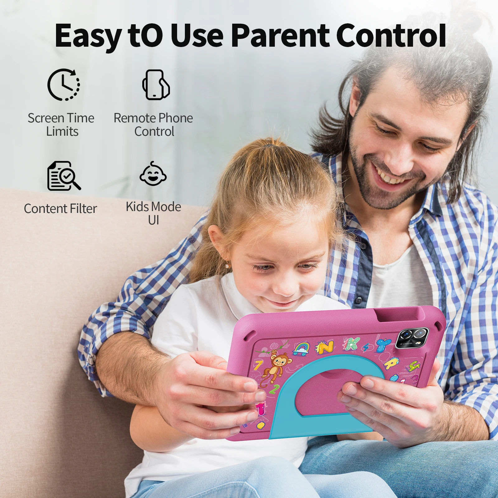 تابلت PRITOM Kids مقاس 7 بوصات يعمل بنظام Android 14، وذاكرة وصول عشوائي 8 جيجابايت (3+5 جيجابايت افتراضية) وذاكرة قراءة فقط 64 جيجابايت، ومعالج A523 ثماني النواة، وواي فاي 5 جيجا، وكاميرا مزدوجة #4