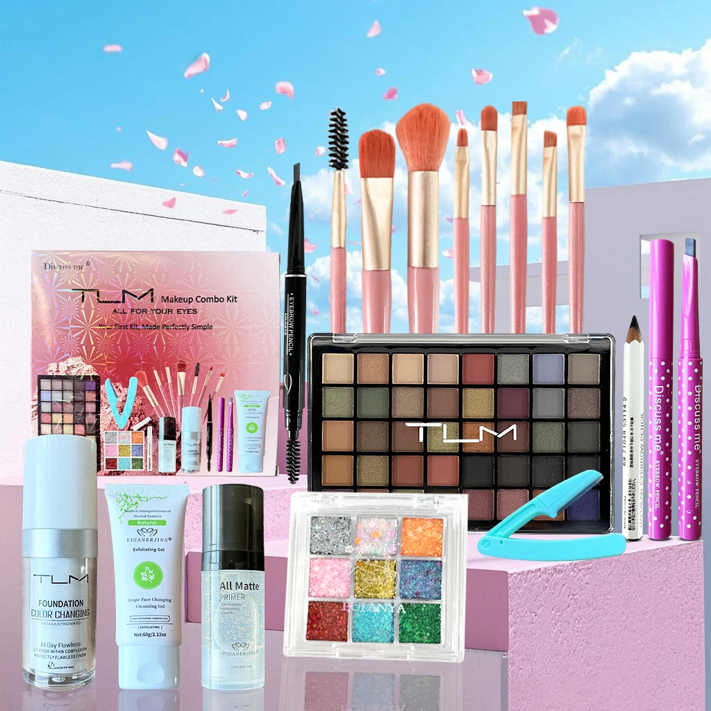 1박스 TLM 초보자 연습용 아이 메이크업 세트 여성용 풀 키트 세트, 올인원 메이크업 세트 (리퀴드 파운데이션, 아이브로우, 아이섀도우 포함)