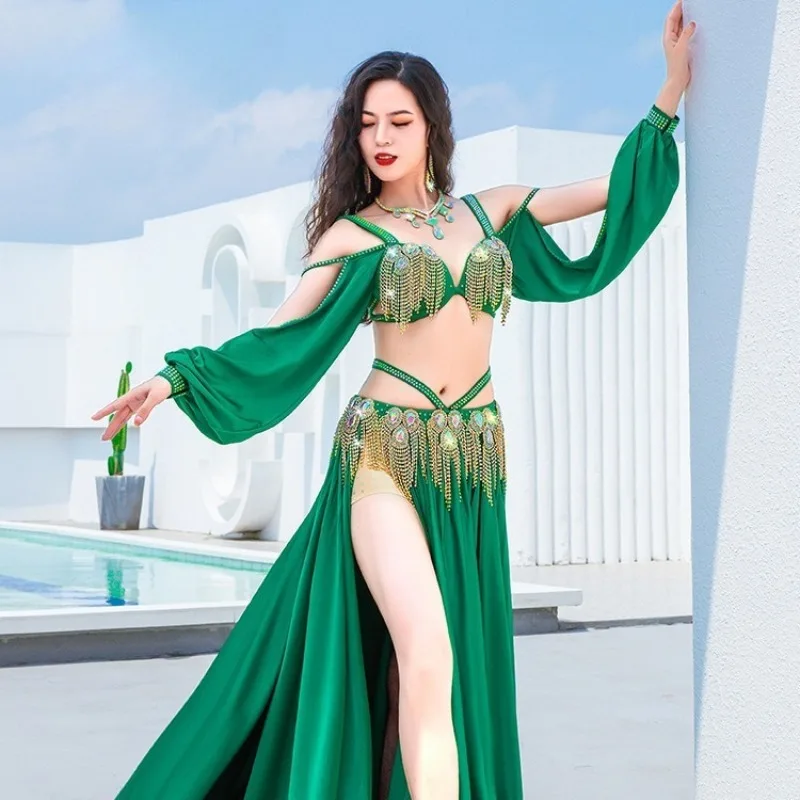 ที่กําหนดเอง Belly Dance เครื่องแต่งกายซาตินกระแสเงินสด Su Grand กระโปรงการแข่งขันทีมเสื้อผ้าแขนยาว Bra กระโปรงยาว