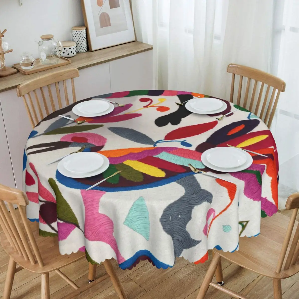 

Round Mexican Otomi Embroidery Table Cloth Waterproof Tablecloth 60 inches Table Cover for Kitchen Dinning