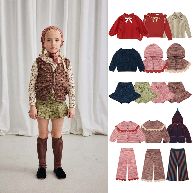 

Детский свитер 2021. Новый комплект из трикотажного топа и вязаных брюк с воротником для девочек. Свитер для девочек, комплект из юбки и шали.