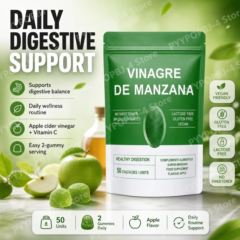 Gomitas de Vinagre de Sidra de Manzana con Vitamina C, Pectina, Veganas, Sabor Natural a Manzana, Sin Azúcar, Suplemento Diario para el Bienestar, 50 Gomitas