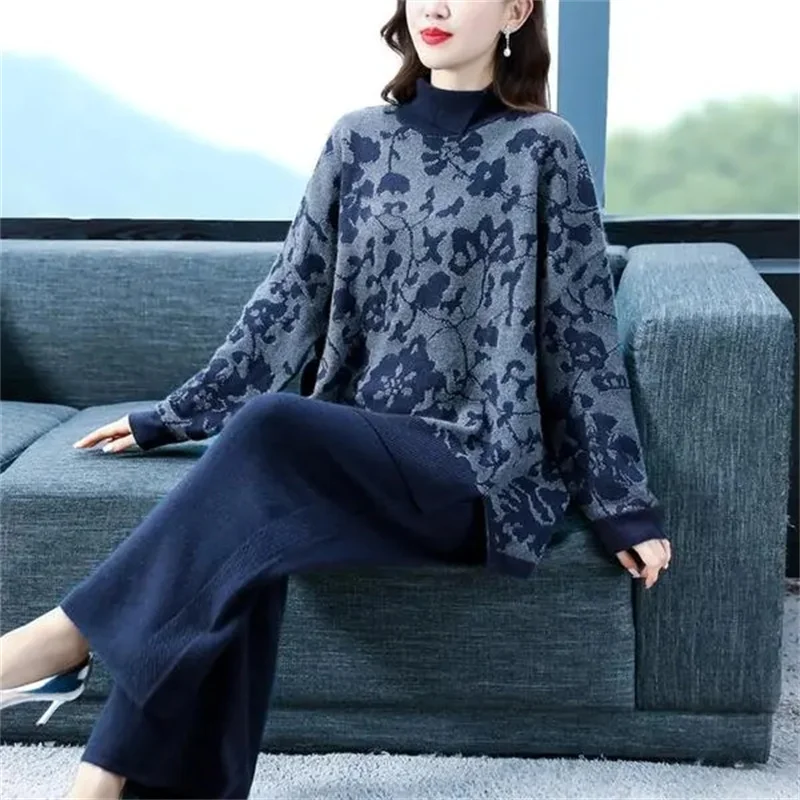 

2024 Autumn Winter New Fashion Temperament Wide-leg Pants 2 Piece Set Women's Printed Advanced Age-reducing Knitted Sweater Set