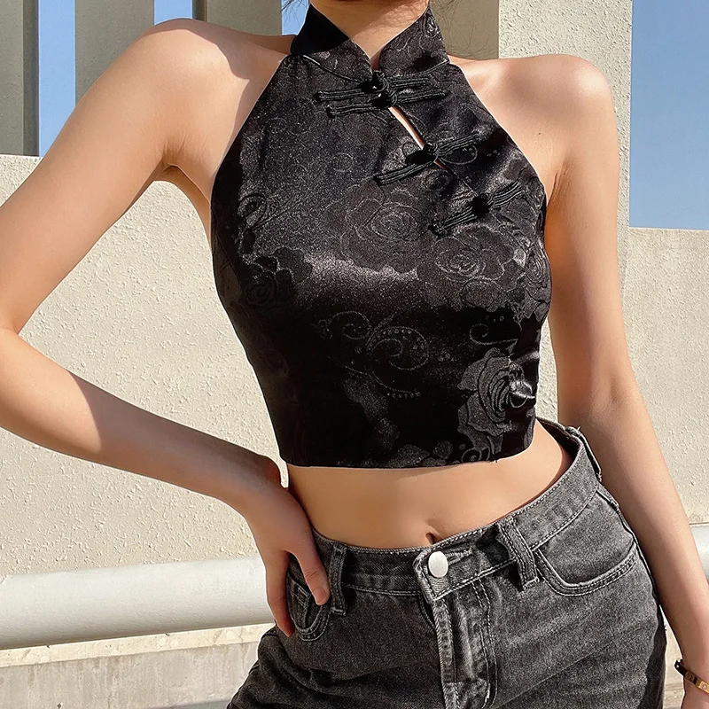 Chinese Knot Collar Button Camisole T-shirt Flower Jacquard Pattern Summer Retro Crop Tops Tee Sexy Slim Fit Backless Short Vest