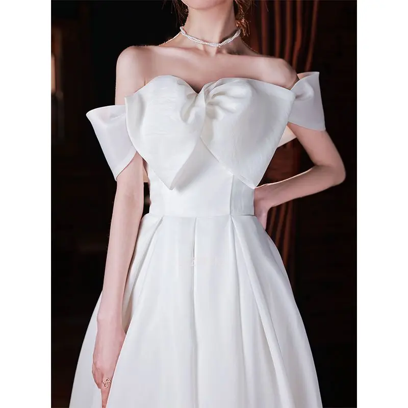 قبالة الكتف عرق فساتين زفاف طويلة النساء القوس الكبير الأميرة صور تبادل لاطلاق النار فساتين الزفاف حفلة موسيقية فستان الأداء ثوب