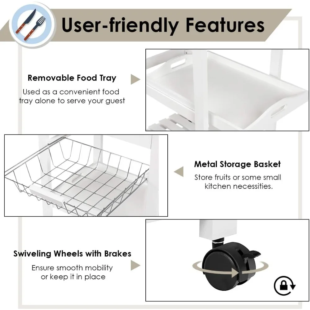 عربة مطبخ خشبية بيضاء مكونة من 4 طبقات مع عجلات ودرج، عربة أدوات دوارة لاستخدام القهوة وجزيرة المطبخ