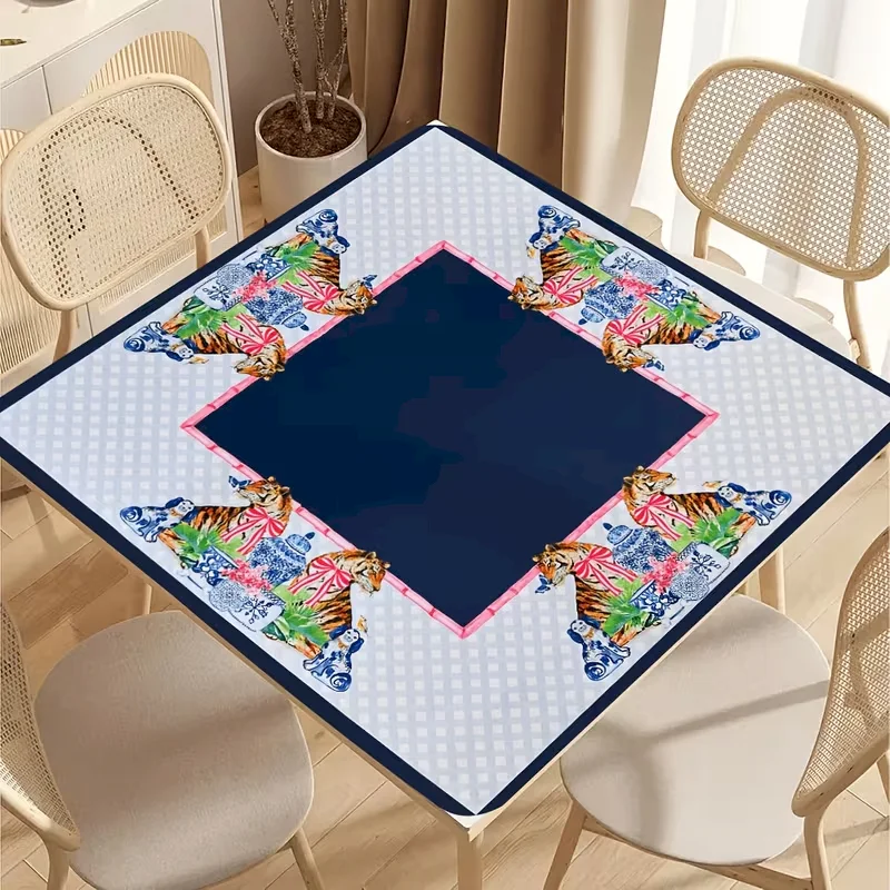 VIKAMA Mahjong Table Mat Anti Slip Rubber Backing Noise Reduction Waterproof Chinoiserie Tigers Ginger Jar Art Home Decoration