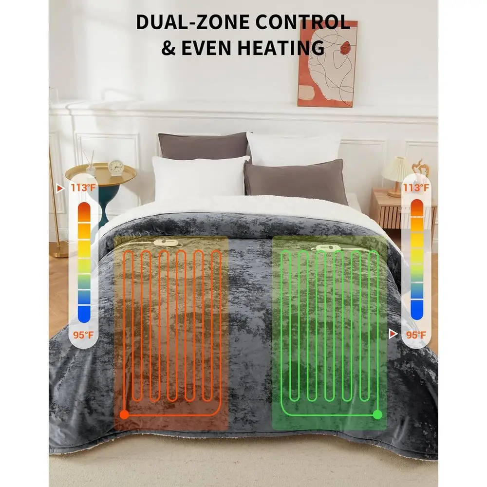 بطانية كهربائية بحجم كينج، تحكم مزدوج، 4 مستويات حرارية، إيقاف تلقائي، مخمل ناعم، قابل للغسل في الغسالة، معتمدة من ETL، 90x100 Gre #4