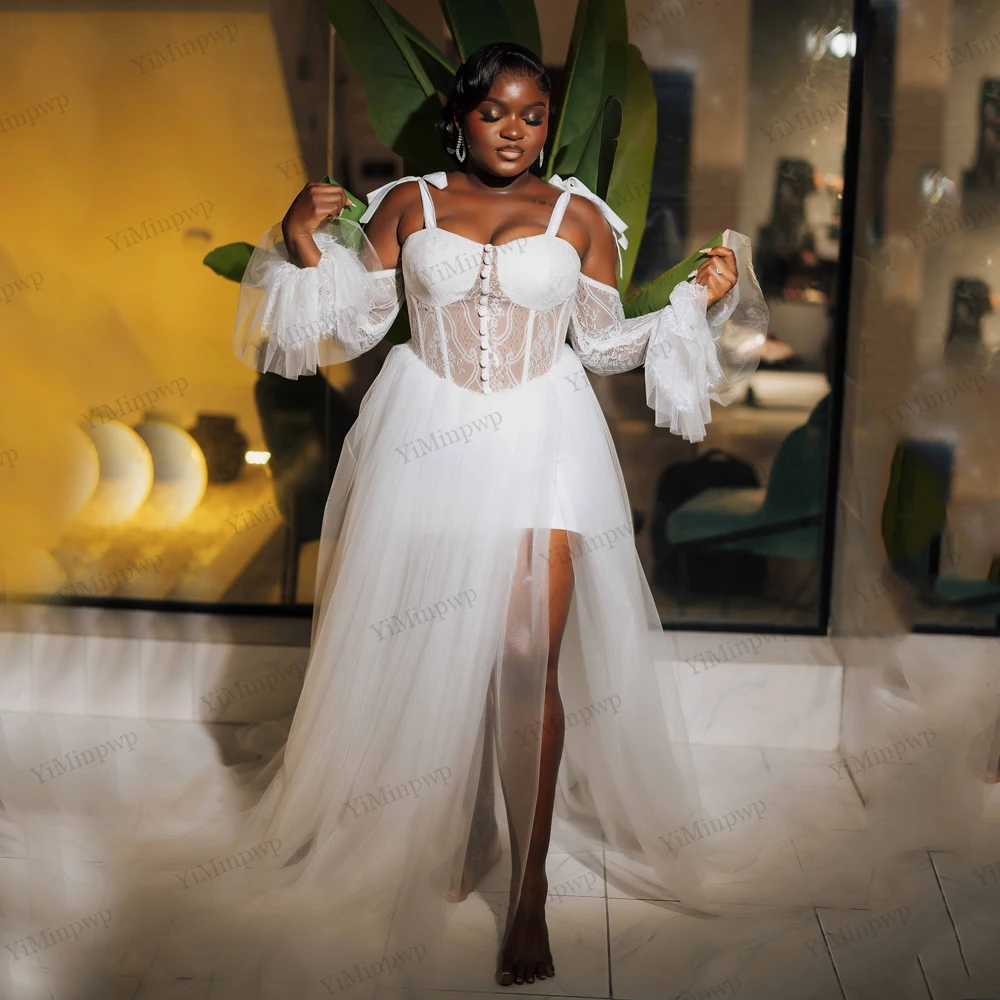 الدانتيل العروس الجلباب الزفاف الفاخرة السباغيتي الأشرطة طويلة الأكمام عالية منخفضة الزفاف الأفريقي الجلباب الزفاف لالتقاط الصور حسب الطلب #1