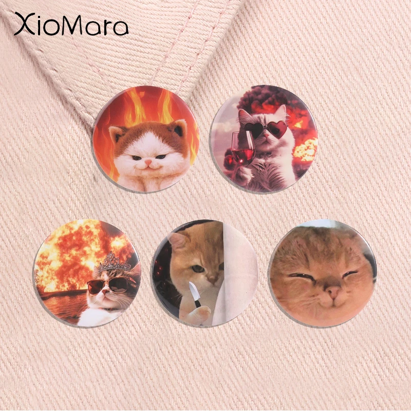 Explosion Fire Cat Tinplate Soft Button Pin Viral Internet Kitty Sunglasses Red Wine Stars Collection Brooch Badge Jewelry Gifts