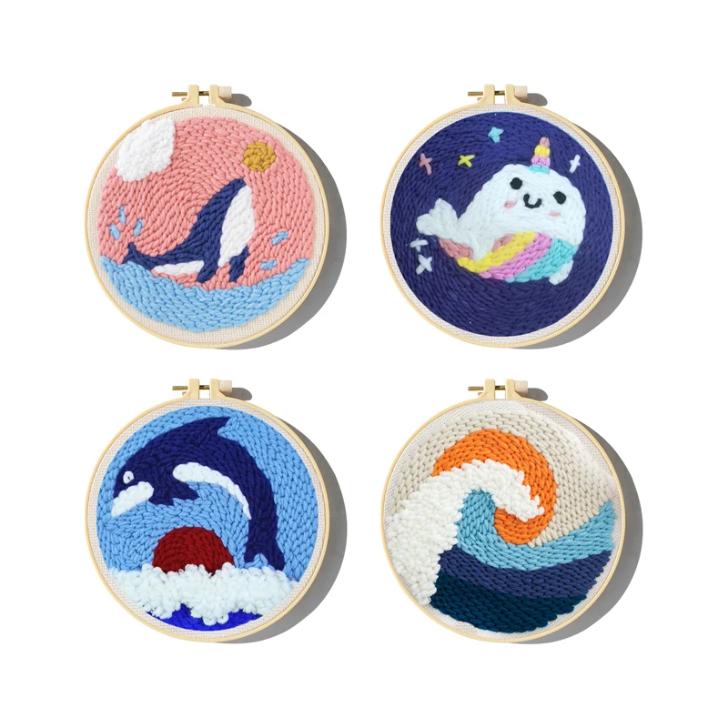 Cartoon Unicorn Dolphin Embroidery Patterns Punch Needle Kits Soft Yarn Needlework DIY Craft Kit