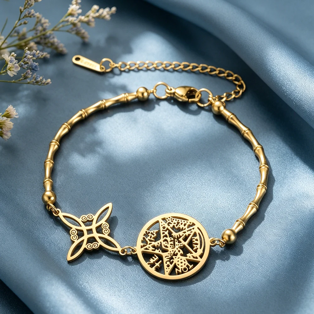 Hollow Witch Knot Five Pointed Star Woven Rope Bracelet, Stainless Steel Solomon Double Talisman Bracelet, vintage Jewelry Gift