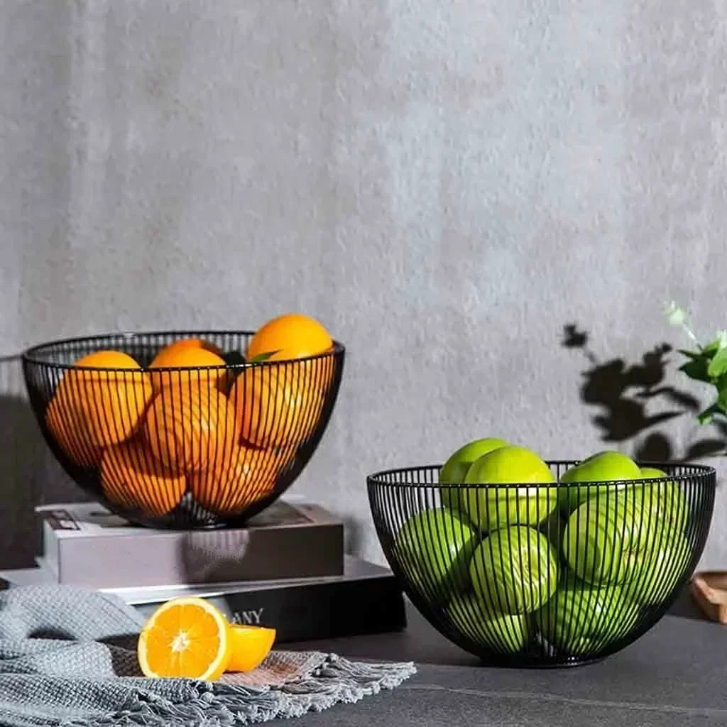 Large Household Solid Color Storage Basket Black Table Decor Metal Dish Kitchen Fruit Bowl Food Baskets Bread Bowl Iron Shape