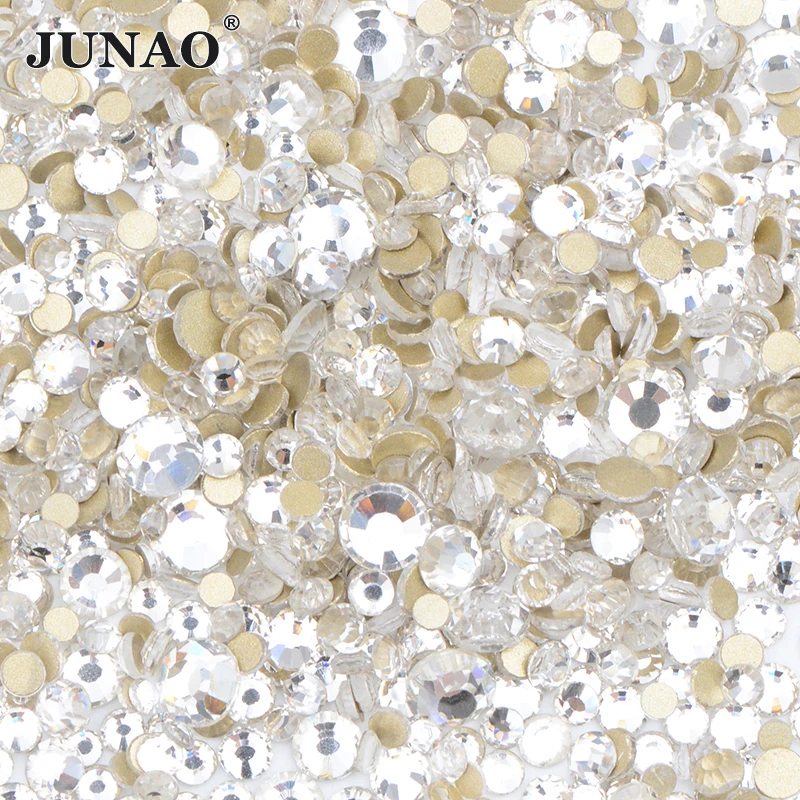 JUNAO 1400 قطعة SS6 8 10 12 16 20 مزيج عشوائي AB مزيج حجم الزجاج الراين حجر كريستال مستدير غير الإصلاح ستراس لمسمار الفن