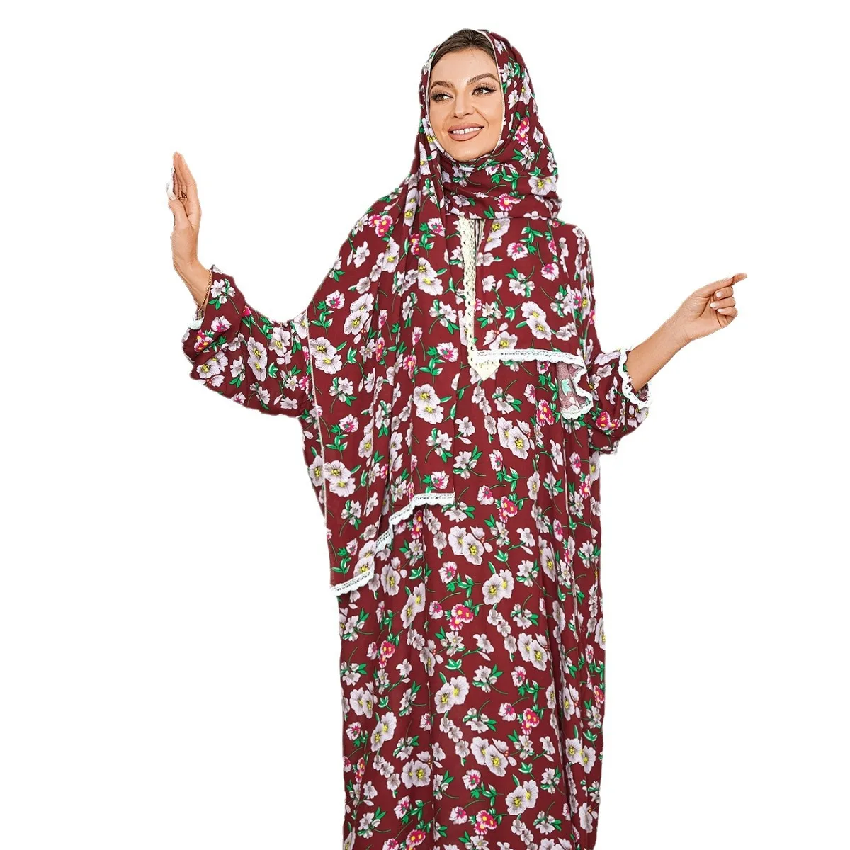 

New Muslim Fashion Abaya Middle Eastern Muslim Oversized Women's Robe Dress with One-piece Lace Print Prayer Dresses