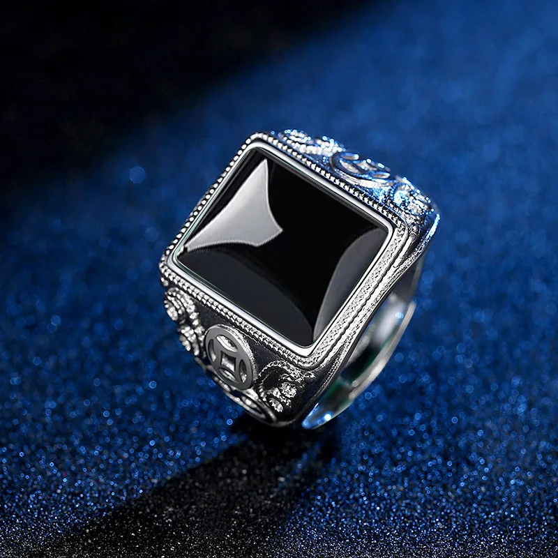 

Retro Lucky Coins Ring Male Finger Accessories Trendy Large Crystal Square Ring Men Jewelry Adjustable
