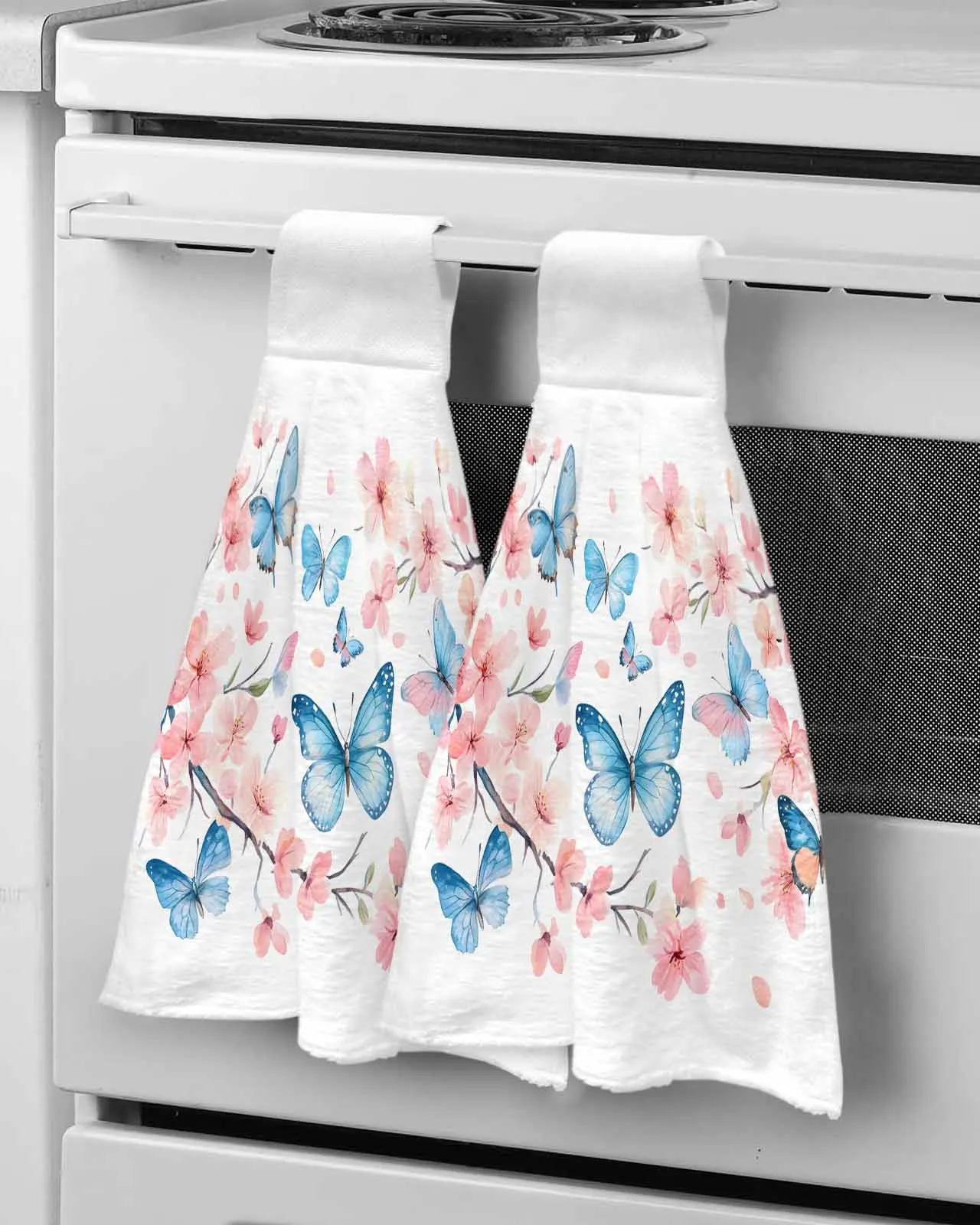 

Pastoral Cherry Blossoms Butterfly Bathroom Hand Towel Kitchen Absorbent Custom Hanging Wipe Towel Soft Hand Cloth