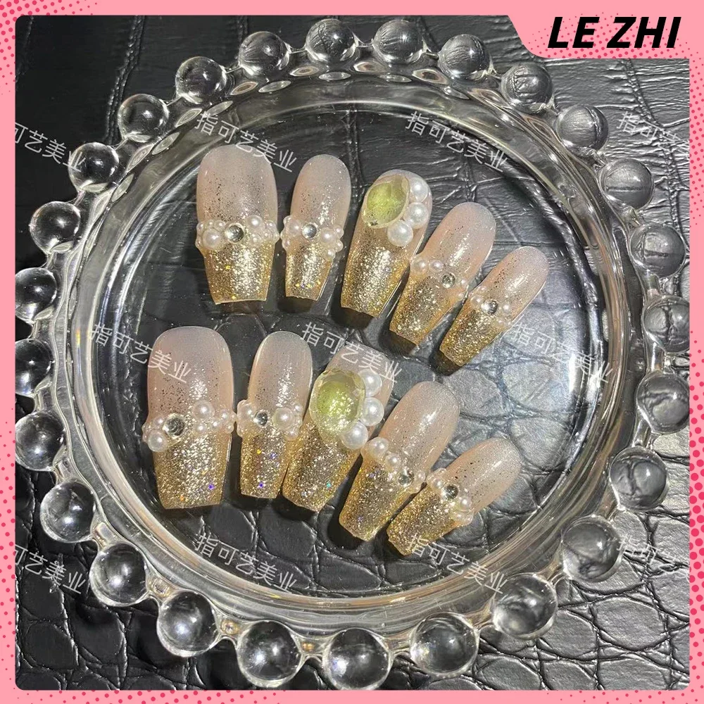 Aurora Pink Short Ballet Handmade Press On Nails with 3D Star Moon Rhinestone Design Full Cover Nail Party Stickers