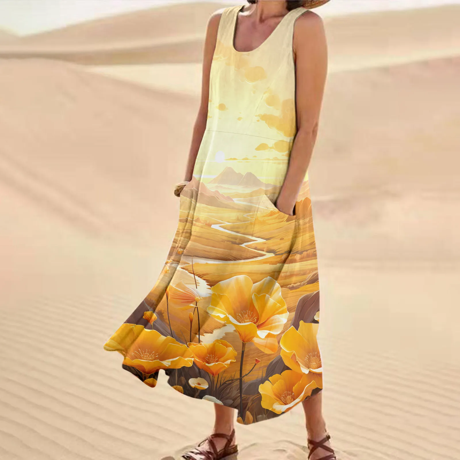 

Summer Long Dress 2024 Elegant Sunflower Boho Robe Party Sleeveless Dresses Women Casual Sundress Vintage Maxi Dresses For Women