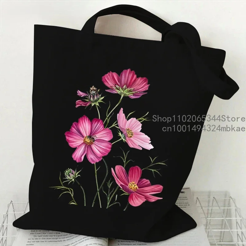 Fashion Canvas Tote Bag Oil Painting Wildflowers Print Lady Shoulder Shopping Bag Plant Style Daisy Vintage Flower Women Handbag