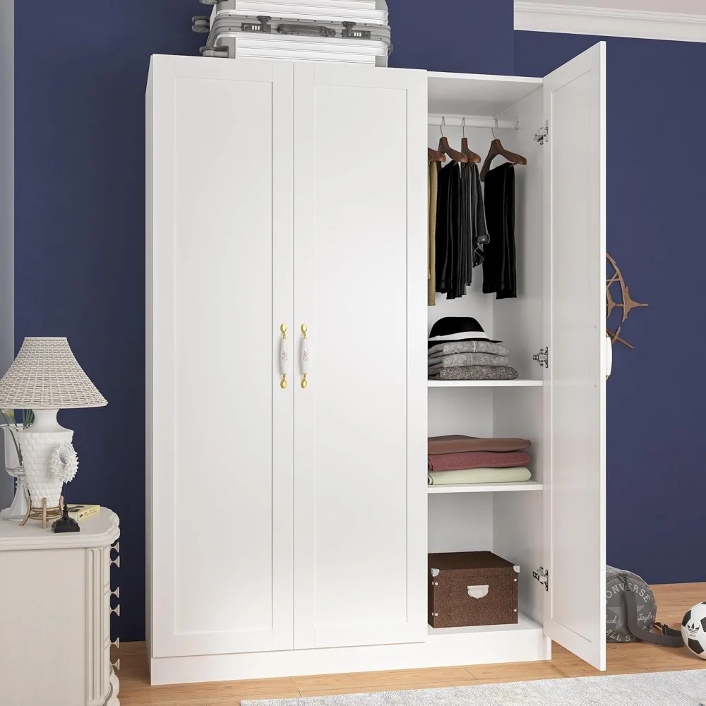 

White Wardrobe Armoire Wooden Closet with 3 Doors, 5 Storage Compartments, 2 Hanging Rods & Decorative Handles for Bedroom.