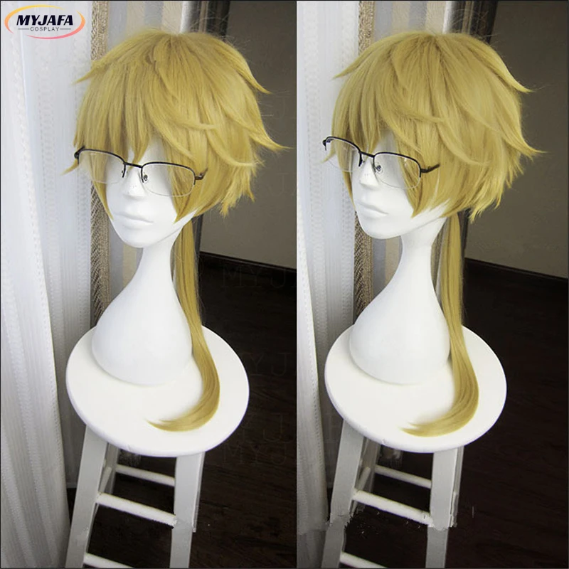 Doppo Kunikida Cosplay Wig Green Gold Long Ponytail Fluffy Heat Resistant Synthesis Hair Anime Cosplay Wigs + Wig Cap