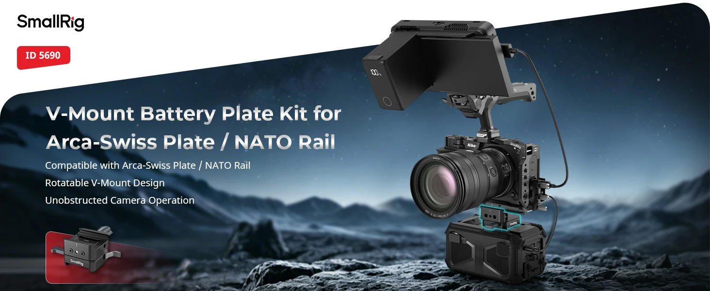 SmallRig V-Mount-Batteriehalterungsplatten-Set für Arca-Swiss-Platten/NATO-Schienen, drehbares V-Lock-Design, ungestörte Kamerabedienung – Detail 1