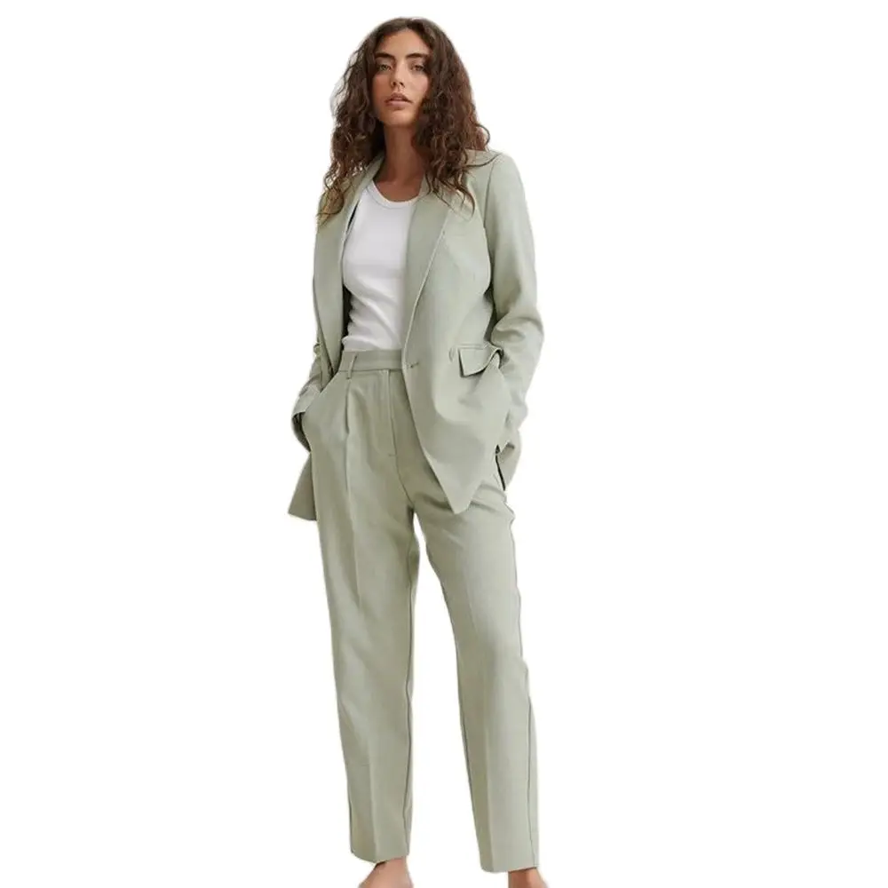 New Arrival Light Green Suit for Women Single Breasted 2 Piece Jacket Pants Female Clothing Slim Fit Office Lady Blazer Set