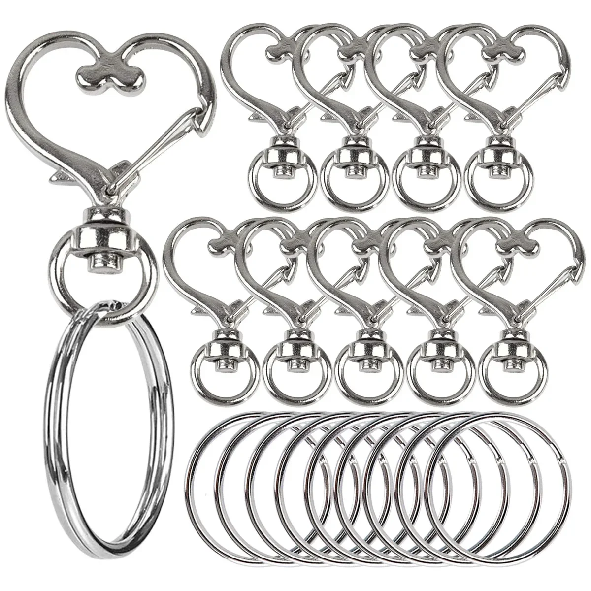 Heart Shaped Swivel Snap Hooks with Key Ring, 10 Set