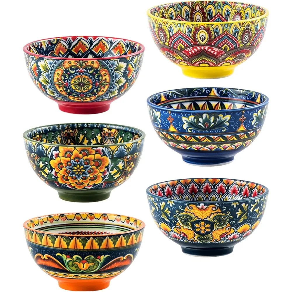 Cuencos pequeños de postre de 6,5 oz, juego de 6 cuencos de porcelana boho para aperitivos, cuencos coloridos de cerámica para salsa, inmersión, salsa, decorativos,